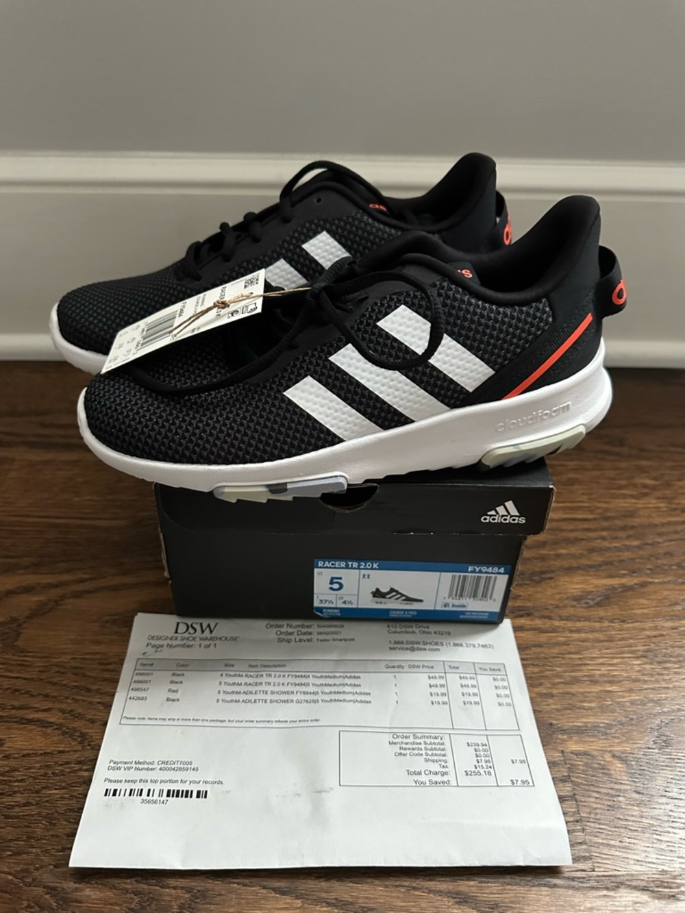 Adidas boys Racer TR 2.0K sneakers black white size 5 youth NIB